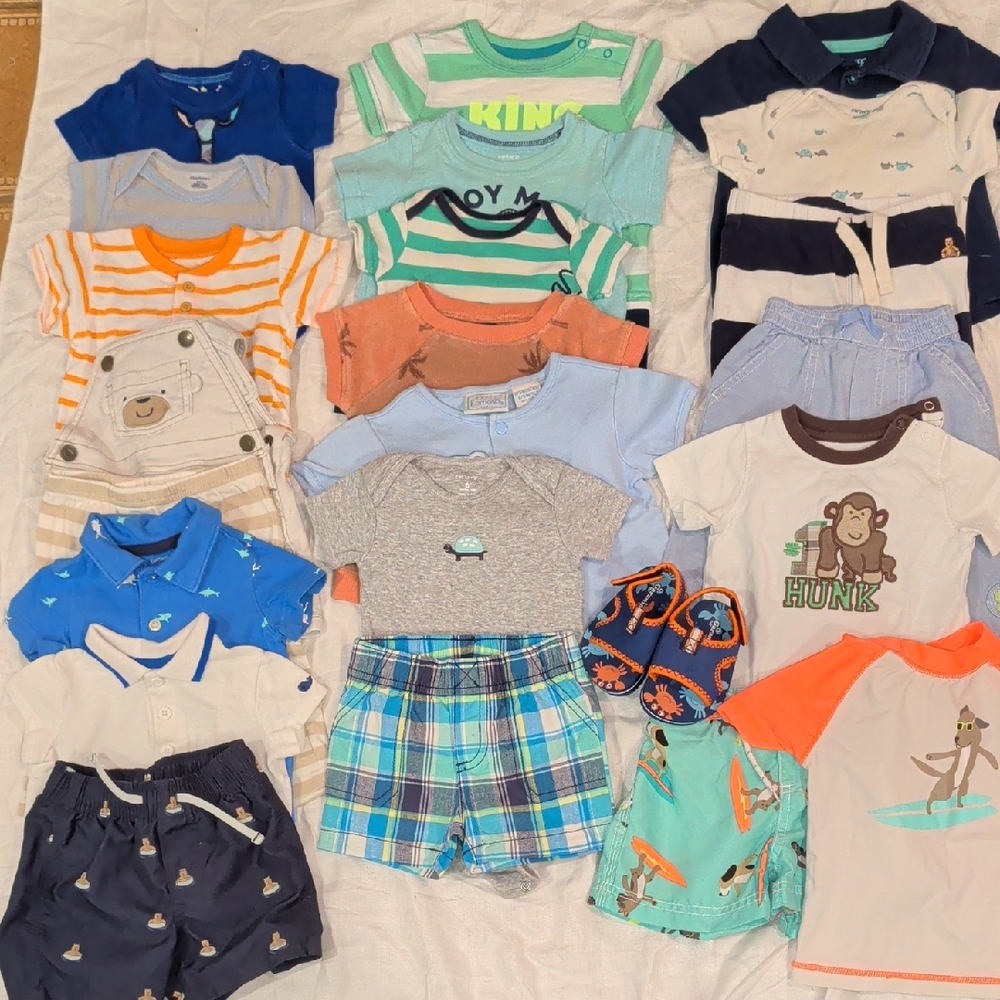 Bundle Boys 6 Mo. (22 PCs W/Swim Trunks & Rash Guard + New Foam Sandals) Summer